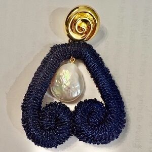 Navy Raffia Drop Earrings with Baroque Pearl and Gold Accent